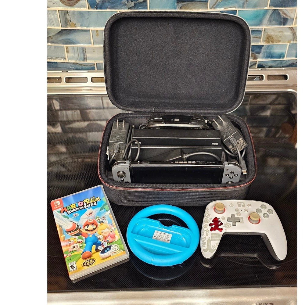 Nintendo Switch Console HAC-001 Gray Bundle Mario Rabbids Game Case Controller